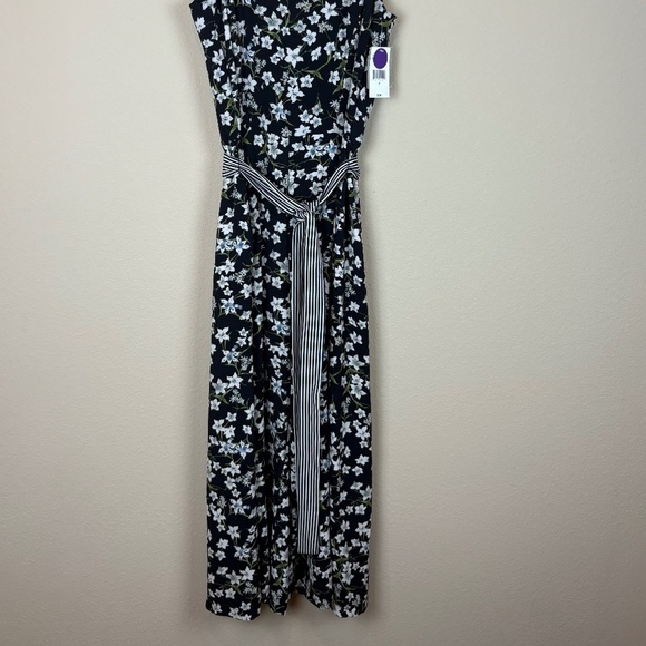 NWT Danny and Nicole Black/Ivory Floral Sleeveless Jumpsuit Tie Waist; Size 4 - Picture 11 of 12